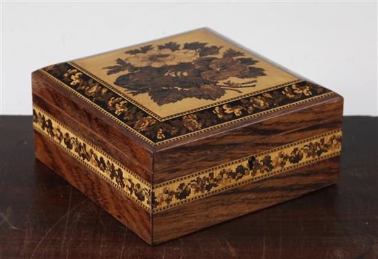 A Tunbridge ware rosewood floral bouquet mosaic handkerchief box, 6in.